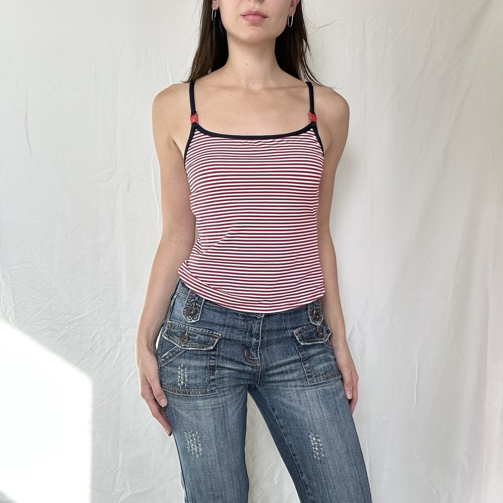 2000s Striped Tank Top Red White Buckle Detail Y2K Americana Preppy